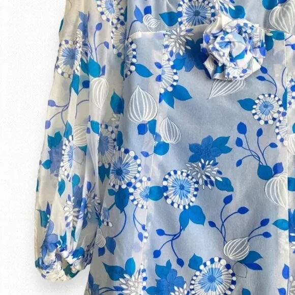 Vintage Rare Prom 70s Handmade Floral Maxi Dress Sky Baby Blue Babydoll Sheer Xs - Picture 7 of 9